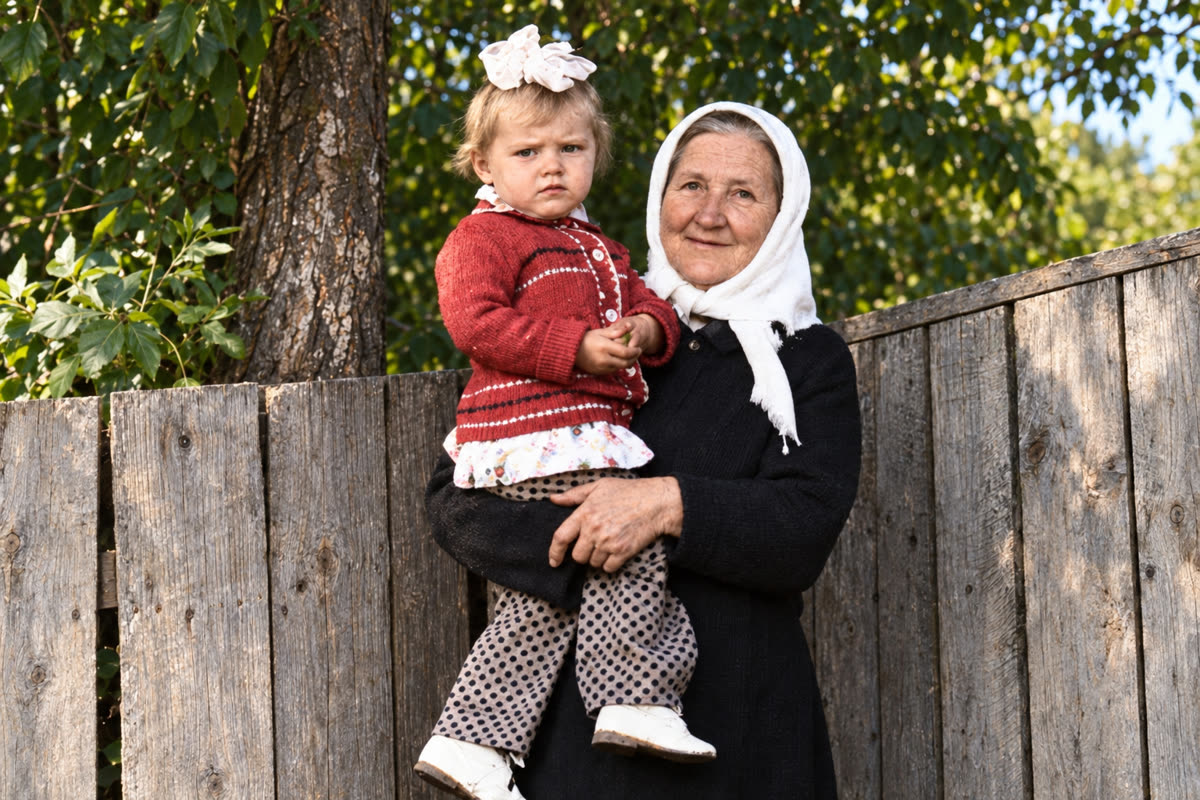 Бабуся з онукою біля паркану — відреставроване кольорове фото