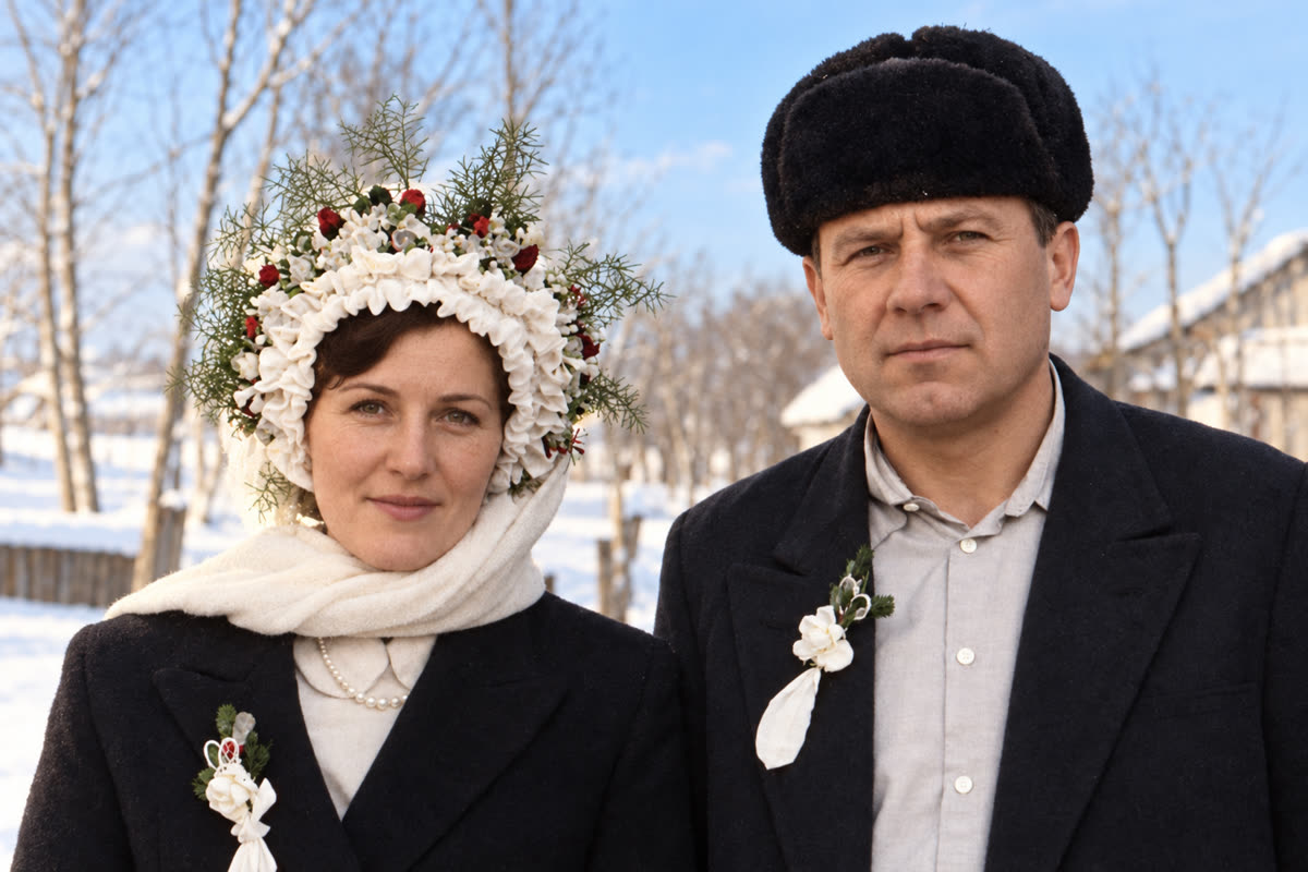 Наречені взимку — відреставроване весільне фото