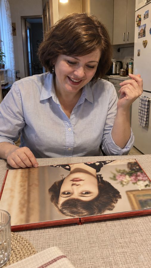 Жінка сміється, гортаючи книгу